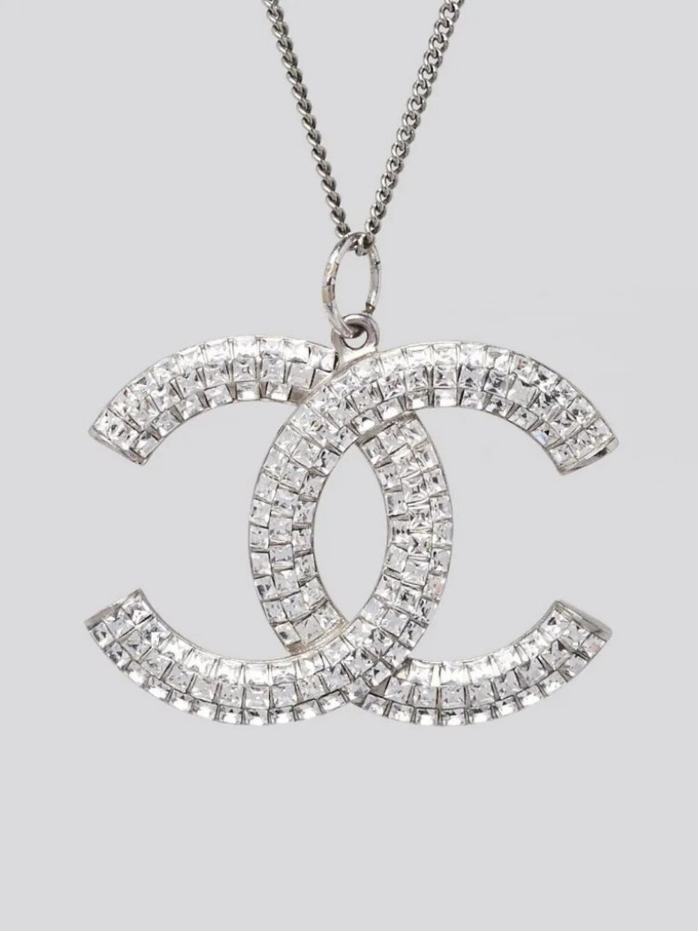 Chanel Silvertone Metal and Crystal Large CC Necklace